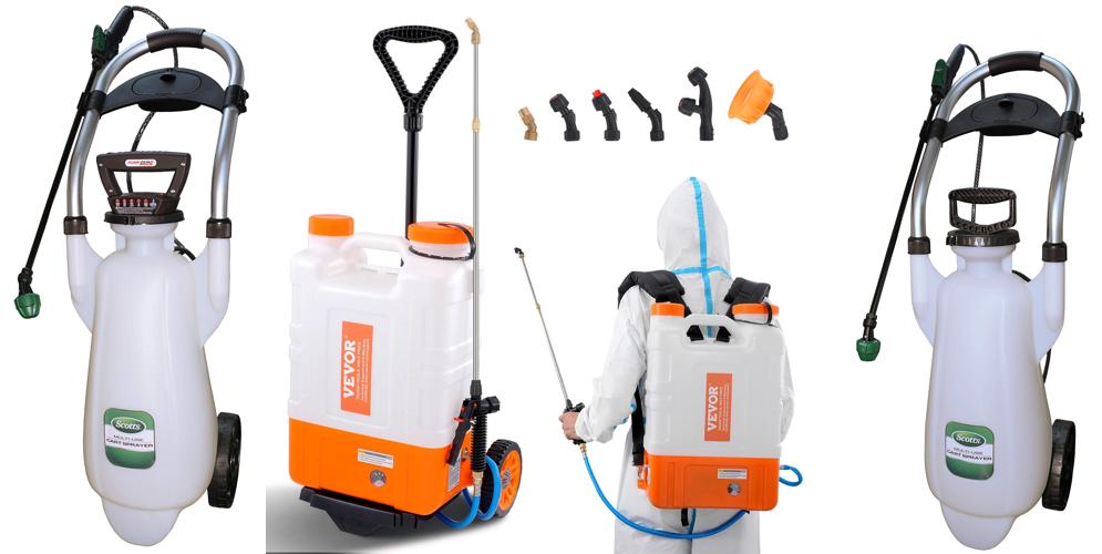 Battery Powered Garden Sprayer On Wheels combined image